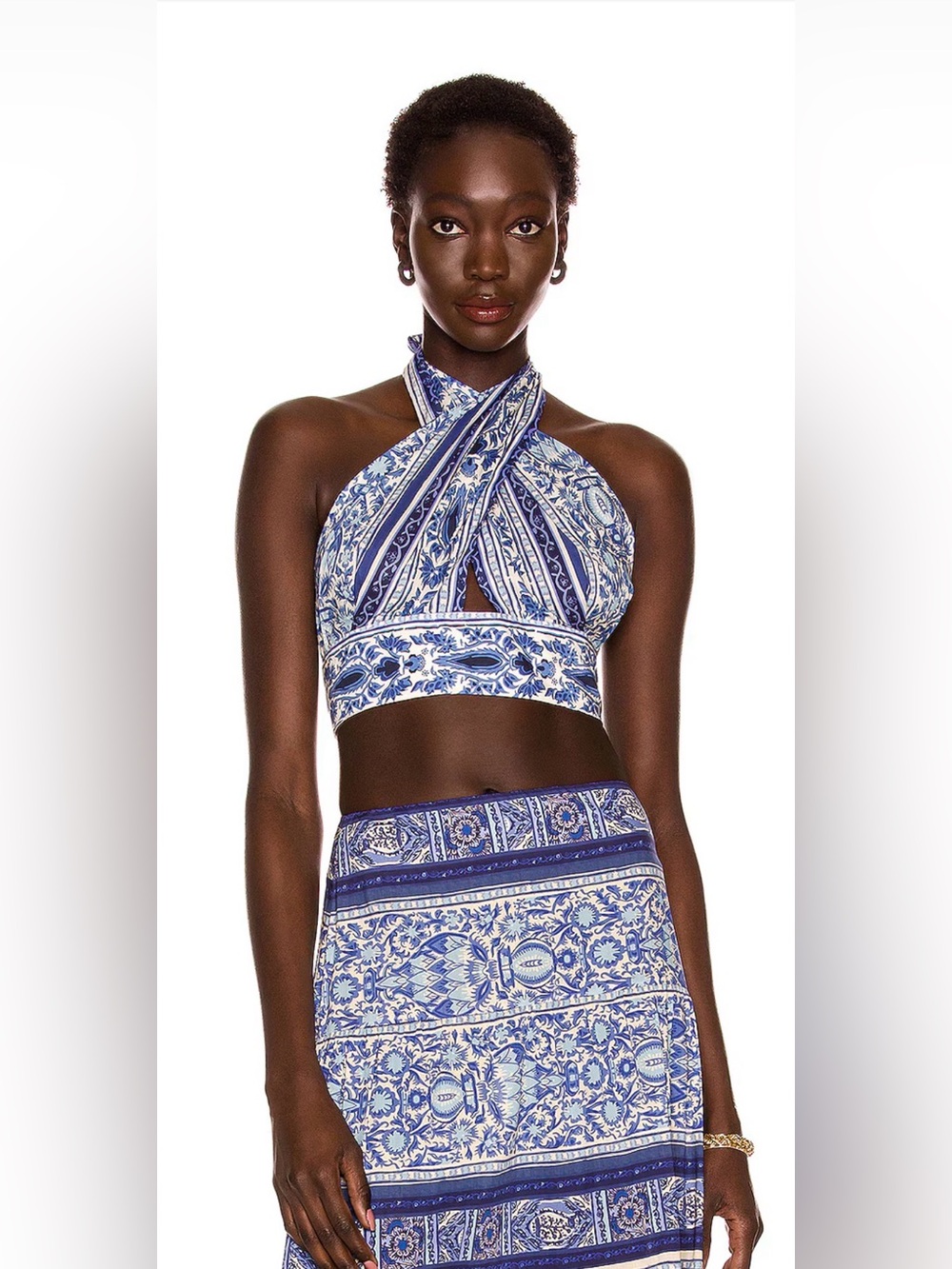 Johanna Ortiz Blue & White Floral Mediterranean Halter Crop Top, size 4, NWT
